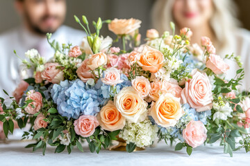 Soft pastel floral arrangement with young newlyweds couple on background. Concept of romance, wedding preparations, capturing intimate moments through floral decor, table design on wedding celebration