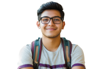 Portrait of a South Asian student smiling confidently with a backpack in a bright and cheerful setting