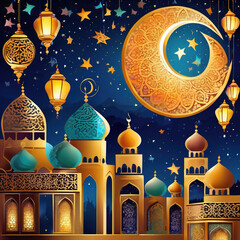 Fluid Shapes Ramadan Scene in Stencil Art Style