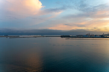 Valencia Spain the harbour by twilight, views from a cruise ship docked in the port,