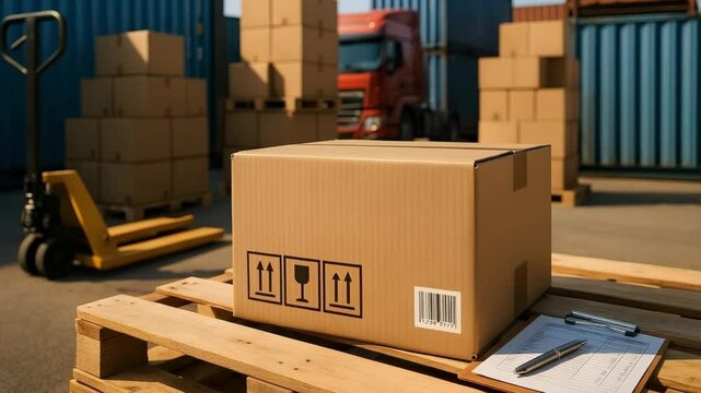 A sealed cardboard box rests on a wooden pallet amid stacked packages and a hand pallet jack. Concept of warehouse logistics.