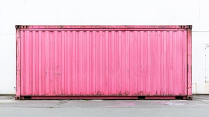 Pink shipping container against white wall.