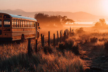 Vintage yellow school bus parked in a misty field at sunrise with mountains in the distance