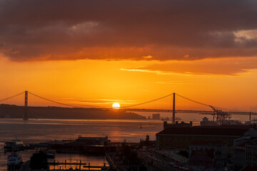 Lisbon Portugal  Sunset view of the Tagus River in Lisbon from the deck of a cruise ship departing...