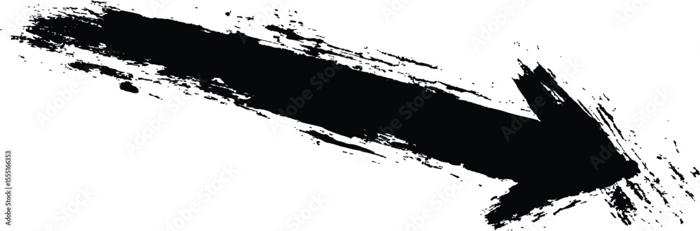 Poster Black arrow painted with splashes isolated on white background. Black arrow marker isolated with a hand-drawn effect on a white background. 