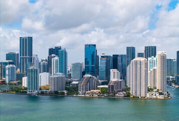 Naklejka premium Scenic panorama of Miami financial district. Brickell in Miami city. Miami Urban landscape with iconic buildings. Miami cityscape.
