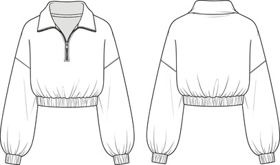Cropped pullover sweatshirt front and back view, zipper collar top, fashion flat sketch, technical drawing, vector apparel template for activewear, casualwear illustration