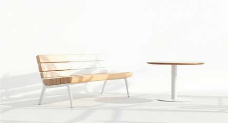 Fototapeta premium Modern Wooden Bench and Small Table Set in Minimalist Studio