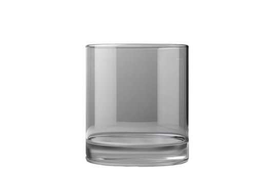 Laboratory test glass container positioned on a transparent surface with minimalistic gray background emphasizing clarity and precision