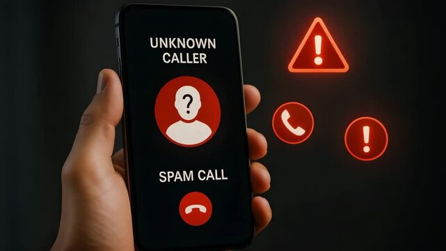 A smartphone screen shows &ldquo;Unknown Caller&rdquo; and &ldquo;Spam Call&rdquo; warnings with red icons. Concept of fraud prevention.