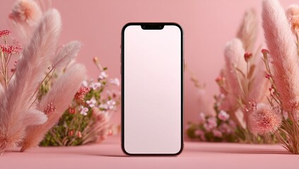 Photo of a phone with an empty screen mockup on a pastel pink background, surrounded by subtle decorative elements like pampas grass and tiny flowers. Web banner style with copy space to the right 
