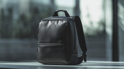 Modern black leather backpack on table, city background.