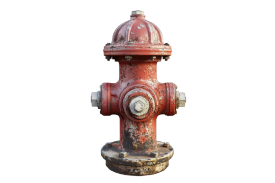 Fire hydrant isolated on transparent background highlighting wear and tear in urban environment during daylight hours