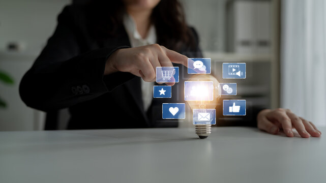 Icons representing social media interaction, communication, and engagement. Social media builds community, social media drives connection, and social media influences behavior. Latch