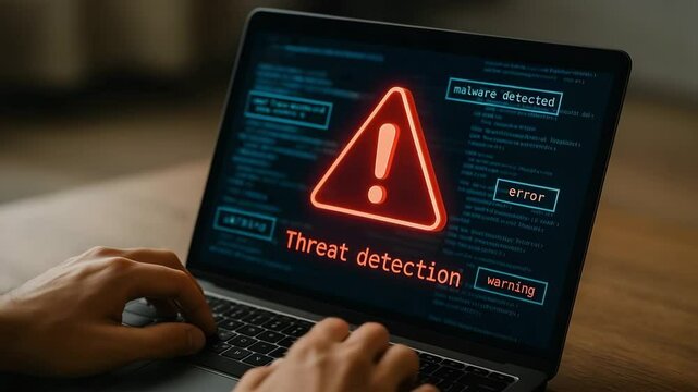 A laptop screen flashes a red warning triangle with &ldquo;threat detection.&rdquo; Concept of cybersecurity monitoring.