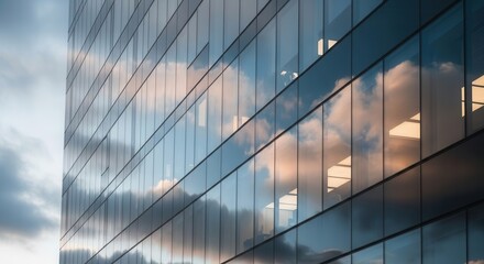 Reflections of clouds on modern glass building facade