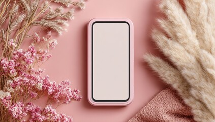 Photo of a phone with an empty screen mockup on a pastel pink background, surrounded by subtle decorative elements like pampas grass and tiny flowers. Web banner style with copy space to the right 