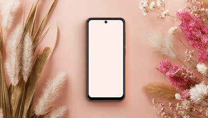 Photo of a phone with an empty screen mockup on a pastel pink background, surrounded by subtle decorative elements like pampas grass and tiny flowers. Web banner style with copy space to the right 