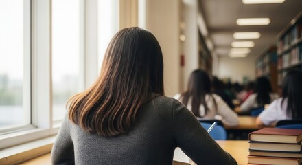 Student studying diligently in library, natural light focus