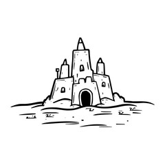 Detailed Illustration of a Minimalistic Sand Castle Icon with Clean Vector Lines and Bold Black Outlines Against a Crisp White Background