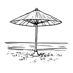 Artistic Sleek Line Vector Beach Icon with Refined Black Contours and Simple Shapes on a Stark White Background