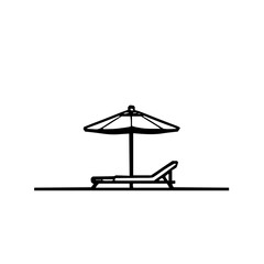 Artistic Sleek Line Vector Beach Icon with Refined Black Contours and Simple Shapes on a Stark White Background
