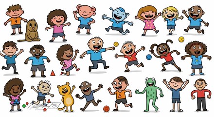 Group of Happy Children Playing Outdoors with Toys and Animals in Bright Colorful Scene