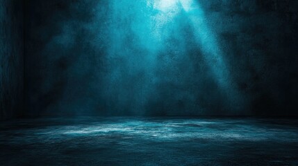 Teal-toned interior with dramatic lighting.