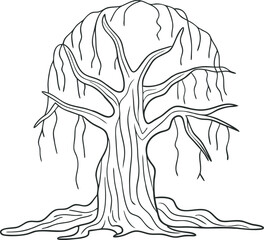Hand-drawn bare willow tree line art illustration with curved branches and exposed roots. Perfect for nature themes, coloring pages, or minimalist tattoo designs. Simple monochrome vector for creative