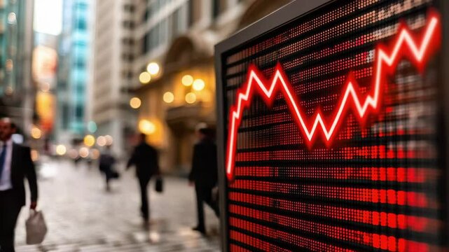 Red alarm lights flashing on a digital stock board showing a market crash, with traders running away.