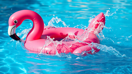A bright pink flamingo inflatable float stands on clear blue water, clearly showing the flamingo's head and neck. The float has a cheerful cartoon appearance, with large, expressive eyes and a black 