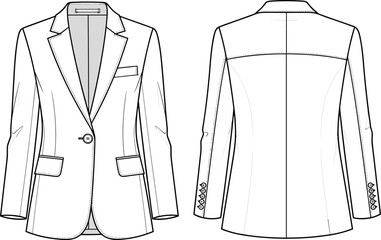 Classic tailored blazer front and back flat sketch, women’s formal jacket vector, fashion cad technical drawing, modern structured design for garment manufacturing