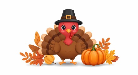 Cute Cartoon Thanksgiving Turkey Wearing Pilgrim Hat Surrounded by Autumn Leaves and Pumpkin