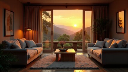 Luxury Living Room, Sunset Mountain View
