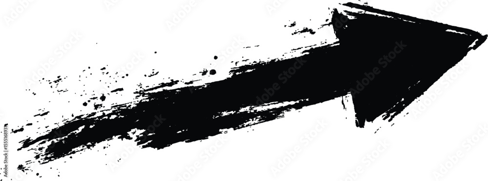 Poster Black arrow painted with splashes isolated on white background. Black arrow marker isolated with a hand-drawn effect on a white background. 