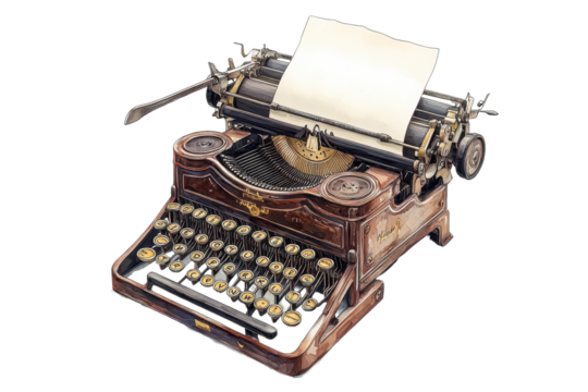 Vintage typewriter resting with a blank paper sheet ready for words at a writer's desk in a cozy study atmosphere inspired by classic literary moments