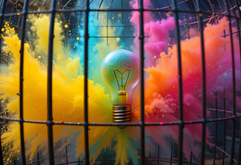 Colourful Holi powder explosions inside of a cage. Concept of idea in a cage