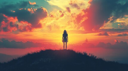 Obraz premium Surreal fantasy woman figure standing on top of a hill watching majestic sunset
