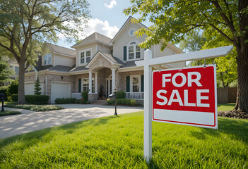 House for sale. A stunning real estate photograph of a suburban home with a for-sale sign in the yard, indicating that the property has already been sold