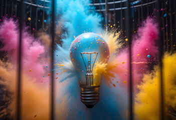 Colourful Holi powder explosions inside of a cage. Concept of idea in a cage