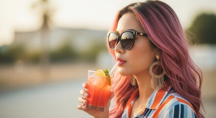 Woman enjoying summer cocktail outdoors