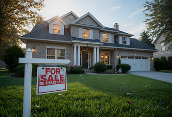 House for sale. A stunning real estate photograph of a suburban home with a for-sale sign in the yard, indicating that the property has already been sold