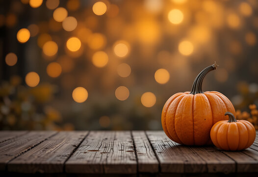 Halloween, orange pumpkins on a wooden table on a bokeh glowing background, copy space