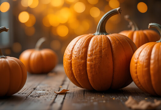 Halloween, orange pumpkins on a wooden table on a bokeh glowing background, copy space