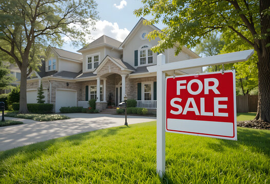 House for sale. A stunning real estate photograph of a suburban home with a for-sale sign in the yard, indicating that the property has already been sold