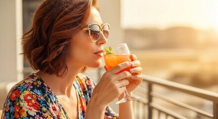 Woman enjoying cocktail on sunny balcony