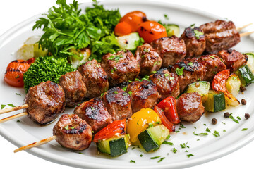 Savory lamb kebabs grilled to perfection with assorted vegetables served on a white plate ready for a satisfying meal at a summer gathering