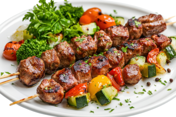 Savory lamb kebabs grilled to perfection with assorted vegetables served on a white plate ready for a satisfying meal at a summer gathering