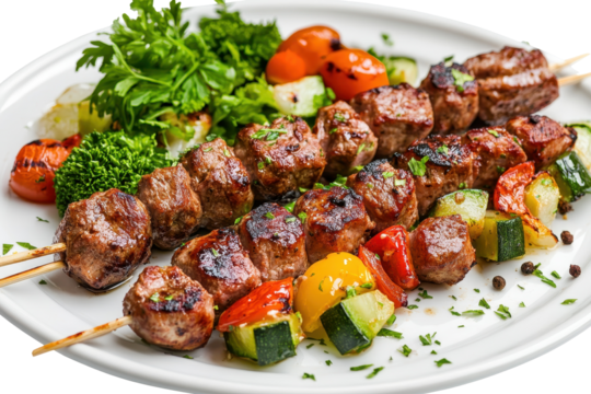 Savory lamb kebabs grilled to perfection with assorted vegetables served on a white plate ready for a satisfying meal at a summer gathering