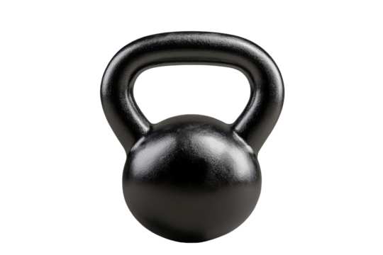 Kettlebell in black color with handle featuring a sleek design on a transparent background for fitness and workout routines